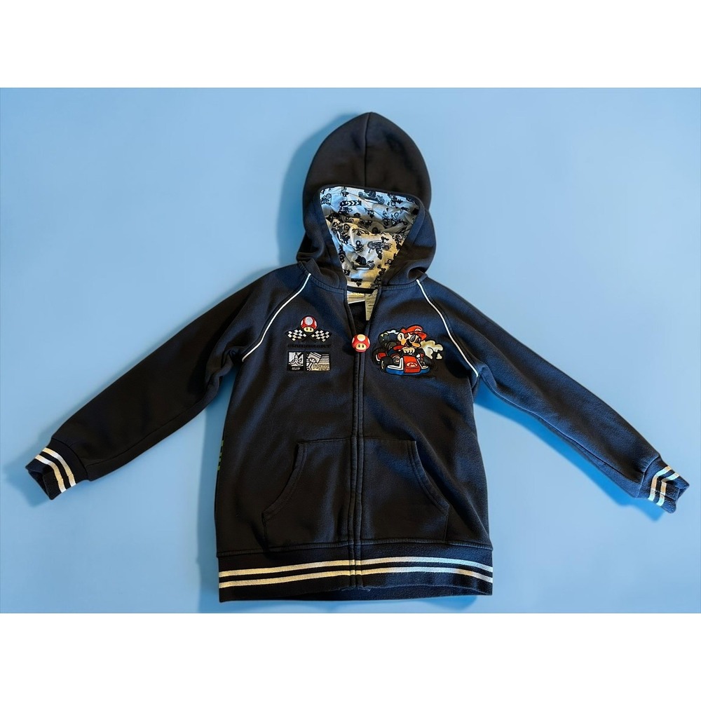 Mario Kart Boys Size S 6/7 Blue Zip Up Hoodie Embroidered Luigi Race Nintendo